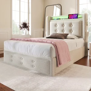 Gestoffeerd bed 90×200 cm van katoen-linnen, beige, met opbergruimte, LED en USB/Type-C