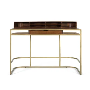 Ambachtelijk bureau in manguierhout met gouden structuur Ambachtelijk bureau in manguierhout met gouden structuur