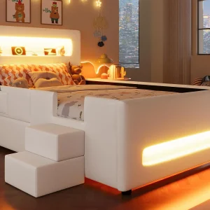 Gestoffeerd eenpersoonsbed 90×200 cm – met LED-verlichting – met trap – 1 lade en opbergzak – Wit (matras niet inbegrepen)