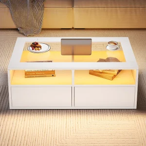 Glazen salontafel – 100 x 50 x 35 cm – met LED's + 2 lades – dubbel blad – glas + spaanplaat – wit