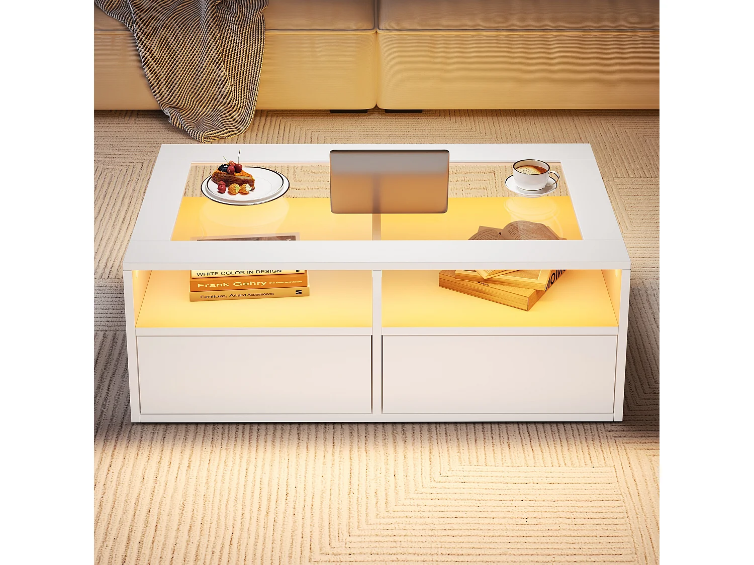 Glazen salontafel - 100 x 50 x 35 cm - met LED's + 2 lades - dubbel blad - glas + spaanplaat - wit