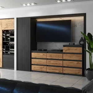 Grote commode met 10 laden Grijs+ Eiken Wotan 160 cm – TV-meubel, dressoir, kast voor de woonkamer