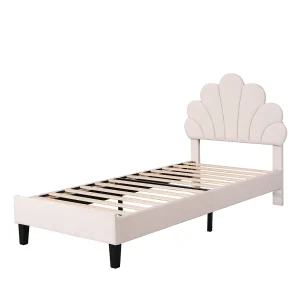 Gestoffeerd eenpersoonsbed 90 x 200 cm, met bloemvormig hoofdbord en lattenbodem, beige