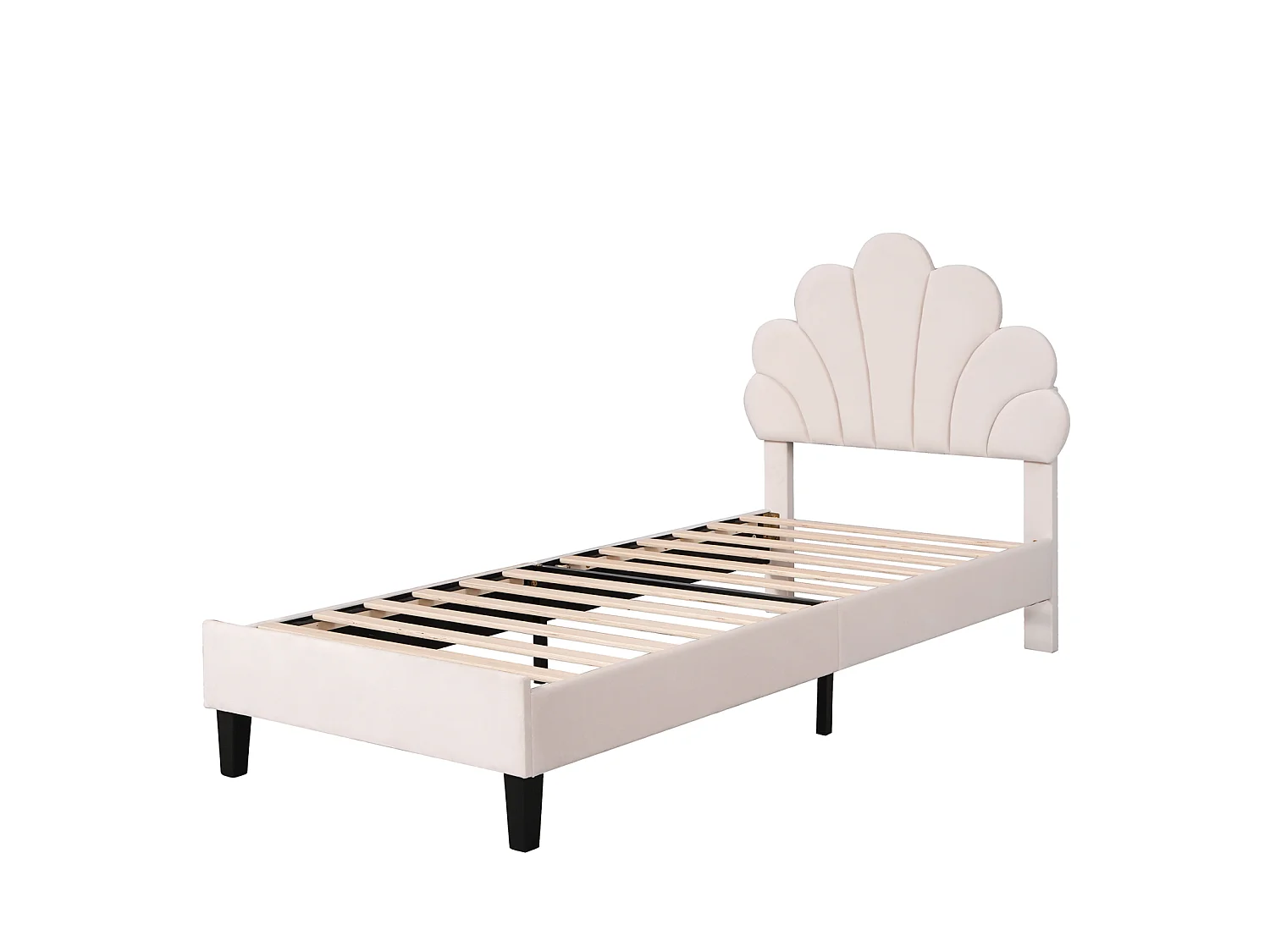 Gestoffeerd eenpersoonsbed 90 x 200 cm, met bloemvormig hoofdbord en lattenbodem, beige