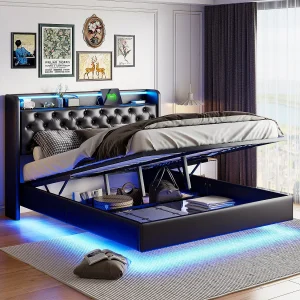 Hangend bed van 160×200 cm met geïntegreerde opbergruimte – LED-hoofdbord – Zwarte PU-bekleding – USB- en stroomaansluitingen – Modern hydraulisch frame