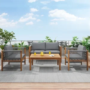 Grijze 4-persoons tuinset: 2-zitsbank + 2 fauteuils en 1 tafel, rotanlook