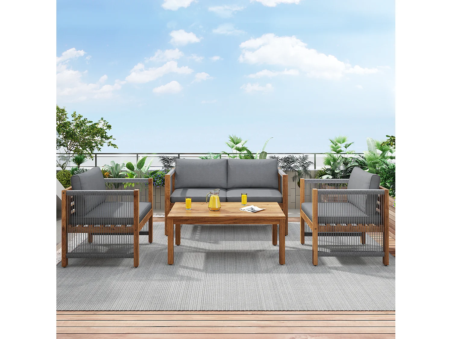 Grijze 4-persoons tuinset: 2-zitsbank + 2 fauteuils en 1 tafel, rotanlook