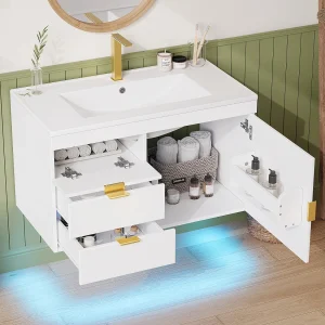 Hangend badkamermeubel van 76 cm met keramische wastafel – met laden, geribbelde voorkant en LED-verlichting – Wit (zonder kraan) Hangend badkamermeubel van 76 cm met keramische wastafel – met laden, geribbelde voorkant en LED-verlichting – Wit (zonder kraan)