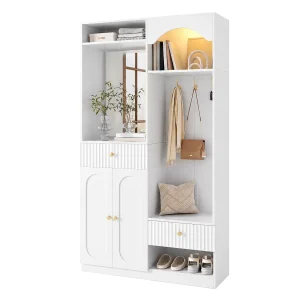 Halset – met spiegel en kapstokhaken – met schoenenrek en bank – 2 deuren en 2 lades – Wit Halset – met spiegel en kapstokhaken – met schoenenrek en bank – 2 deuren en 2 lades – Wit