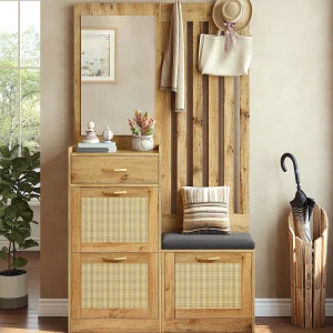Halset – met spiegel en bank – met 1 lade en 3 schoenenrekken – haken – MDF – Naturel Halset – met spiegel en bank – met 1 lade en 3 schoenenrekken – haken – MDF – Naturel