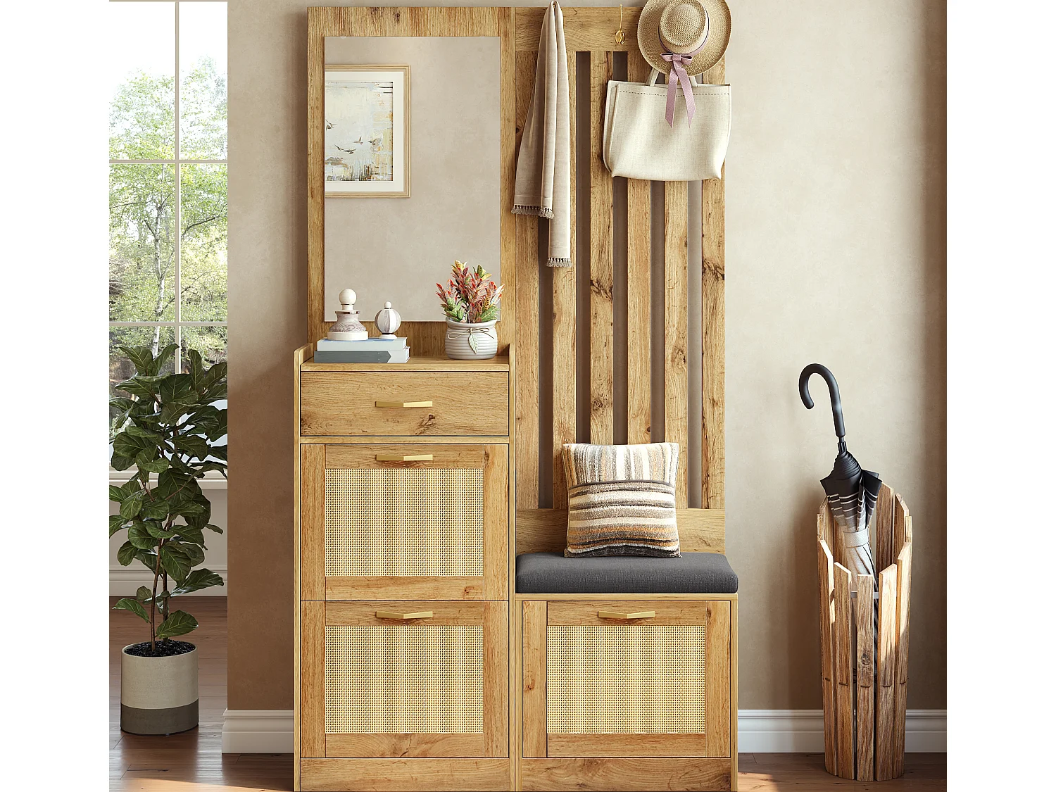 Halset - met spiegel en bank - met 1 lade en 3 schoenenrekken - haken - MDF - Naturel