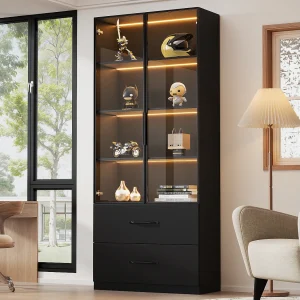 Glasvitrine 60×40×160 cm – met LED-verlichting – 2 glazen deuren en 2 laden – MDF-structuur – zwart