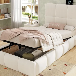 Gestoffeerd opbergbed voor kinderen 90×200 cm – Met gestoffeerd hoofdeinde – Met USB-poort – Fluwelen stof – Beige (zonder matras)
