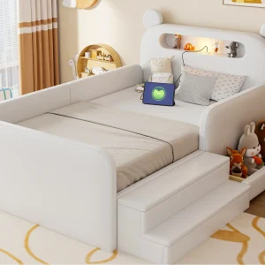 Gestoffeerd kinderbed 90 x 200 cm – met verlichting – USB-oplaadpoort – voetenbord – met 1 lade – Wit (matras niet inbegrepen) Gestoffeerd kinderbed 90 x 200 cm – met verlichting – USB-oplaadpoort – voetenbord – met 1 lade – Wit (matras niet inbegrepen)