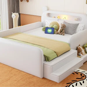 Gestoffeerd kinderbed 140 x 200 cm – met verlichting – USB-oplaadpoort – voetenbord – met 1 lade – Wit (matras niet inbegrepen) Gestoffeerd kinderbed 140 x 200 cm – met verlichting – USB-oplaadpoort – voetenbord – met 1 lade – Wit (matras niet inbegrepen)