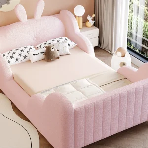 Gestoffeerd kinderbed 90 x 200 cm – met kussens in konijnvorm – met zijhekken – Roze (matras niet inbegrepen)