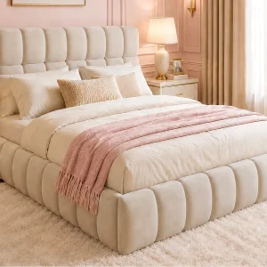 Gestoffeerd tweepersoonsbed 140 x 200 cm – Met gestoffeerd hoofdbord – Fluweel – Beige (matras niet inbegrepen) Gestoffeerd tweepersoonsbed 140 x 200 cm – Met gestoffeerd hoofdbord – Fluweel – Beige (matras niet inbegrepen)