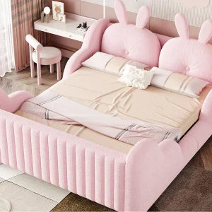 Gestoffeerd kinderbed 140 x 200 cm – met kussens in konijnvorm – met zijhekken – Roze (matras niet inbegrepen) Gestoffeerd kinderbed 140 x 200 cm – met kussens in konijnvorm – met zijhekken – Roze (matras niet inbegrepen)