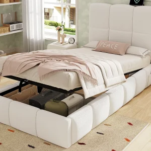 Gestoffeerd opbergbed voor kinderen 90×200 cm – Met gestoffeerd hoofdeinde – Met USB-poort – Bouclé stof – Beige (zonder matras)