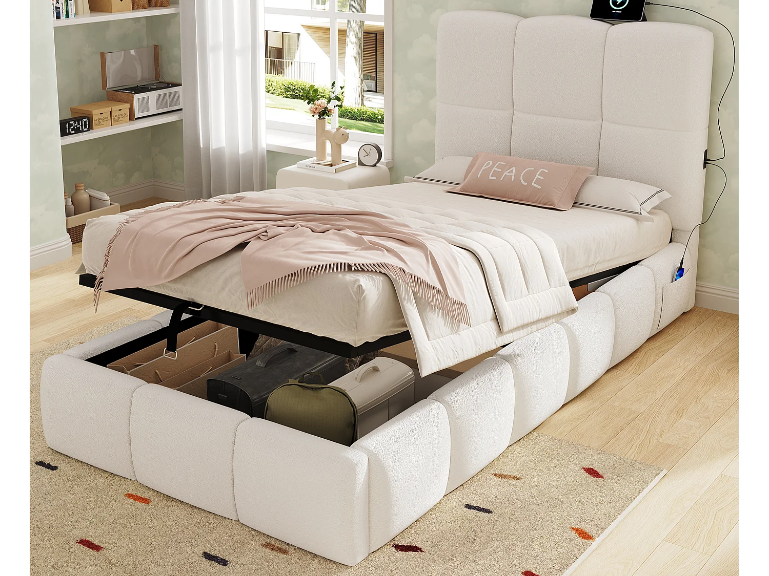 Gestoffeerd opbergbed voor kinderen 90x200 cm - Met gestoffeerd hoofdeinde - Met USB-poort - Bouclé stof - Beige (zonder matras)