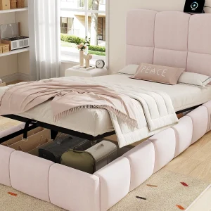 Gestoffeerd opbergbed voor kinderen 90×200 cm – Met gestoffeerd hoofdeinde – Met USB-poort – Fluwelen stof – Roze (zonder matras)