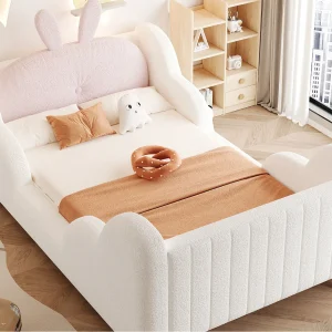 Gestoffeerd kinderbed 90 x 200 cm – met kussens in konijnvorm – met zijhekken – Wit (matras niet inbegrepen)