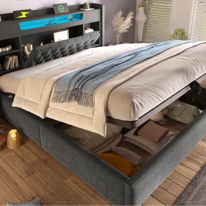 Gestoffeerd opbergbed 180×200 cm – met LED – met USB/Type-C-opladen – hoofdeinde met opbergruimte – linnenstof – Grijs (zonder matras) Gestoffeerd opbergbed 180×200 cm – met LED – met USB/Type-C-opladen – hoofdeinde met opbergruimte – linnenstof – Grijs (zonder matras)