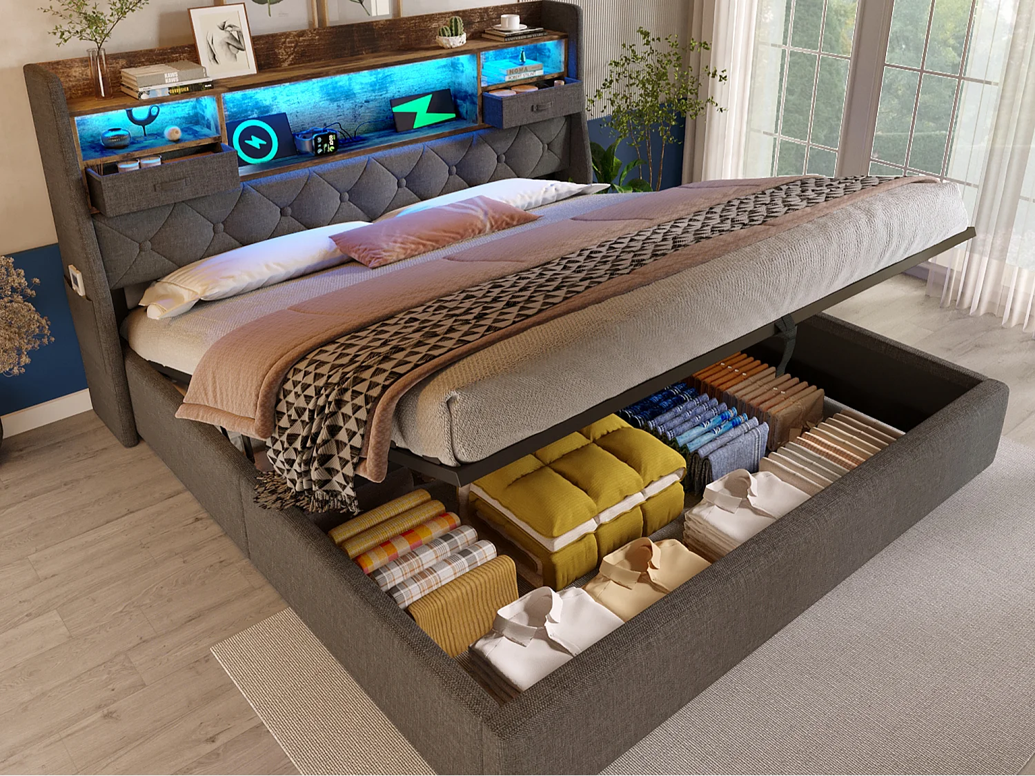 Gestoffeerd opbergbed 140x190 cm - met LED - met 4 oplaadpunten (USB/Type-C) - hoofdeinde met opbergruimte - linnen - Grijs (zonder matras)