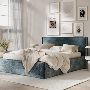 Gestoffeerd bed met hoofdbord – 200×200 cm – blauw – LOUNGE
