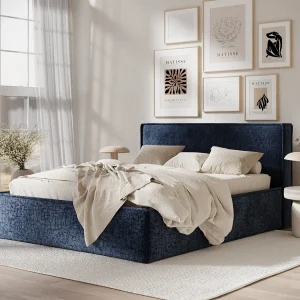 Gestoffeerd bed met hoofdbord – 120×200 cm – marineblauw – LOUNGE