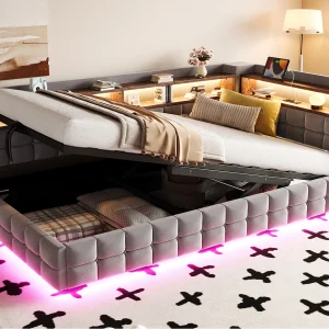 Gestoffeerde slaapbank met opbergruimte 90 x 200 cm – met LED – met stopcontact – met USB + Type-C-oplaadpoorten – Grijs (matras niet inbegrepen) Gestoffeerde slaapbank met opbergruimte 90 x 200 cm – met LED – met stopcontact – met USB + Type-C-oplaadpoorten – Grijs (matras niet inbegrepen)