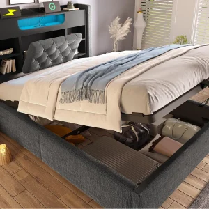 Gestoffeerd opbergbed 90×200 cm – met LED – met USB/Type-C-opladen – hoofdeinde met opbergruimte – linnenstof – Grijs (zonder matras) Gestoffeerd opbergbed 90×200 cm – met LED – met USB/Type-C-opladen – hoofdeinde met opbergruimte – linnenstof – Grijs (zonder matras)