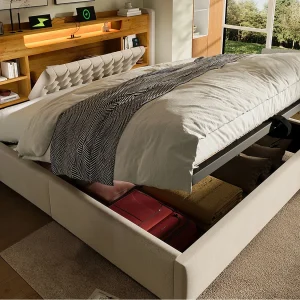 Gestoffeerd opbergbed 180×200 cm – met LED – met USB/Type-C-opladen – hoofdeinde met opbergruimte – linnenstof – Beige (zonder matras) Gestoffeerd opbergbed 180×200 cm – met LED – met USB/Type-C-opladen – hoofdeinde met opbergruimte – linnenstof – Beige (zonder matras)