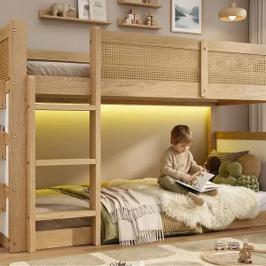 Halfhoogslaper voor kinderen 90×200 cm – met LED-verlichting – met opbergruimte – rotan decoraties – massief hout + MDF – naturel (zonder matras)