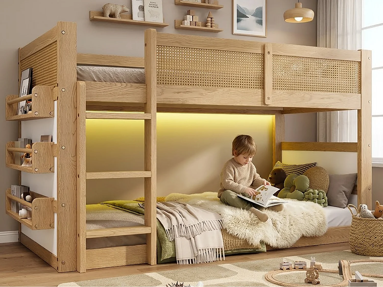 Halfhoogslaper voor kinderen 90x200 cm - met LED-verlichting - met opbergruimte - rotan decoraties - massief hout + MDF - naturel (zonder matras)