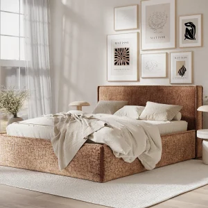 Gestoffeerd bed met hoofdbord – 160×200 cm – koper – LOUNGE Gestoffeerd bed met hoofdbord – 160×200 cm – koper – LOUNGE