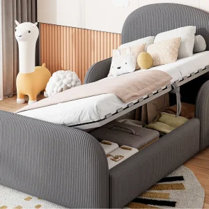 Gestoffeerd kinderbed met opbergruimte 90×200 cm – Fluweel – Hoog hoofdbord – Grijs (matras niet inbegrepen) Gestoffeerd kinderbed met opbergruimte 90×200 cm – Fluweel – Hoog hoofdbord – Grijs (matras niet inbegrepen)
