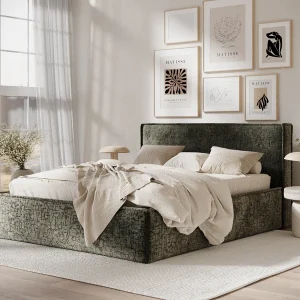 Gestoffeerd bed met hoofdbord – 160×200 cm – olijfgroen – LOUNGE Gestoffeerd bed met hoofdbord – 160×200 cm – olijfgroen – LOUNGE