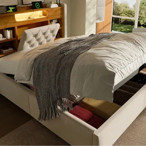 Gestoffeerd opbergbed 90×200 cm – met LED – met USB/Type-C-opladen – hoofdeinde met opbergruimte – linnenstof – Beige (zonder matras) Gestoffeerd opbergbed 90×200 cm – met LED – met USB/Type-C-opladen – hoofdeinde met opbergruimte – linnenstof – Beige (zonder matras)