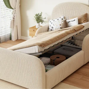 Gestoffeerd kinderbed met opbergruimte 90×200 cm – Fluweel – Hoog hoofdbord – Beige (matras niet inbegrepen) Gestoffeerd kinderbed met opbergruimte 90×200 cm – Fluweel – Hoog hoofdbord – Beige (matras niet inbegrepen)