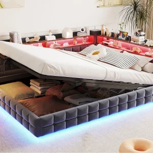 Gestoffeerde slaapbank met opbergruimte 140 x 200 cm – met LED – met stopcontact – met USB + Type-C-oplaadpoorten – Donkergrijs (matras niet inbegrepen) Gestoffeerde slaapbank met opbergruimte 140 x 200 cm – met LED – met stopcontact – met USB + Type-C-oplaadpoorten – Donkergrijs (matras niet inbegrepen)