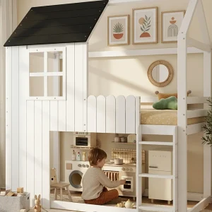 Halfhoogslaper voor kinderen 90×200 cm – met ladder – ontwerp van leuningen en ramen – massief hout + MDF – wit (zonder matras)