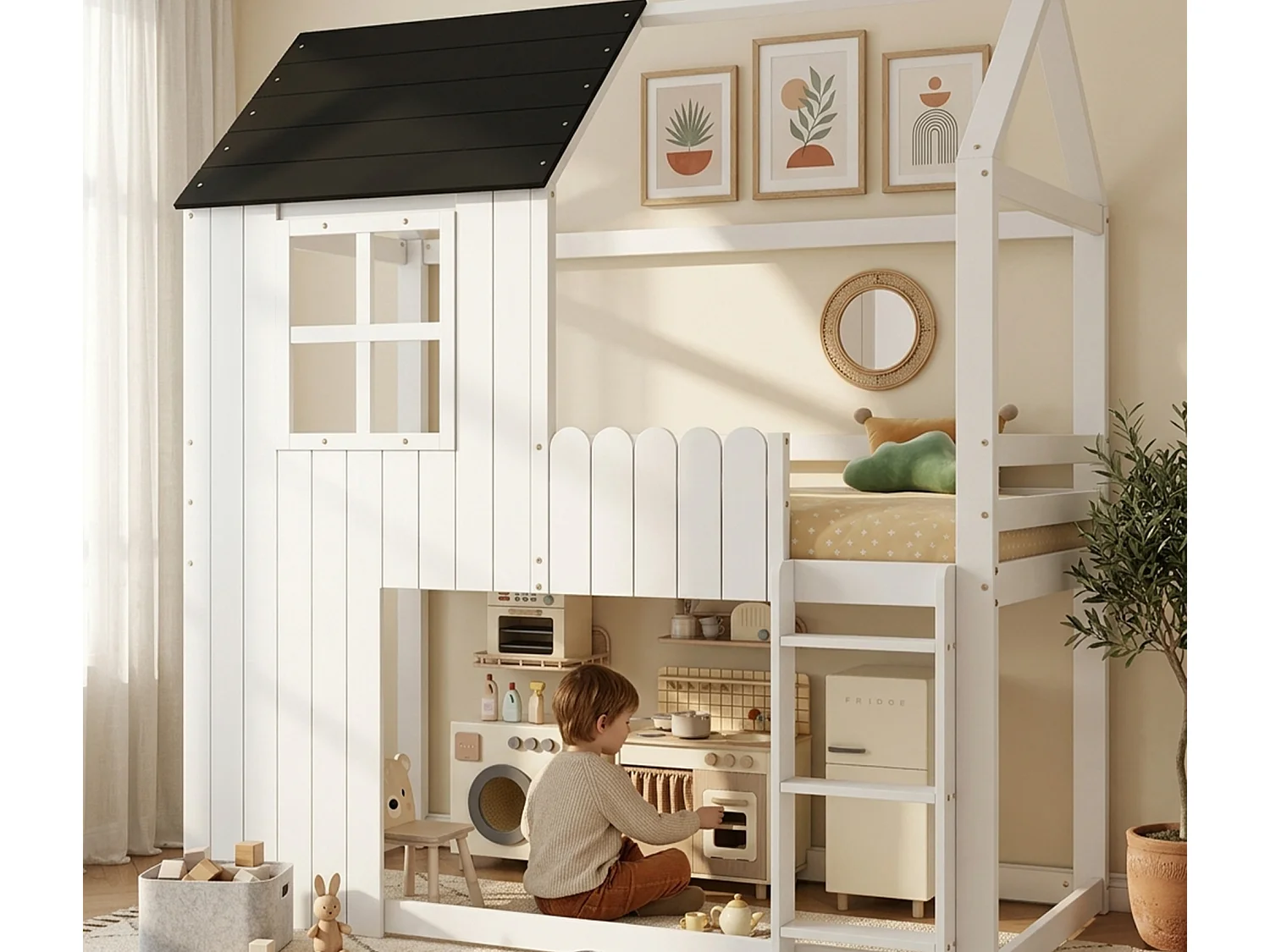 Halfhoogslaper voor kinderen 90x200 cm - met ladder - ontwerp van leuningen en ramen - massief hout + MDF - wit (zonder matras)