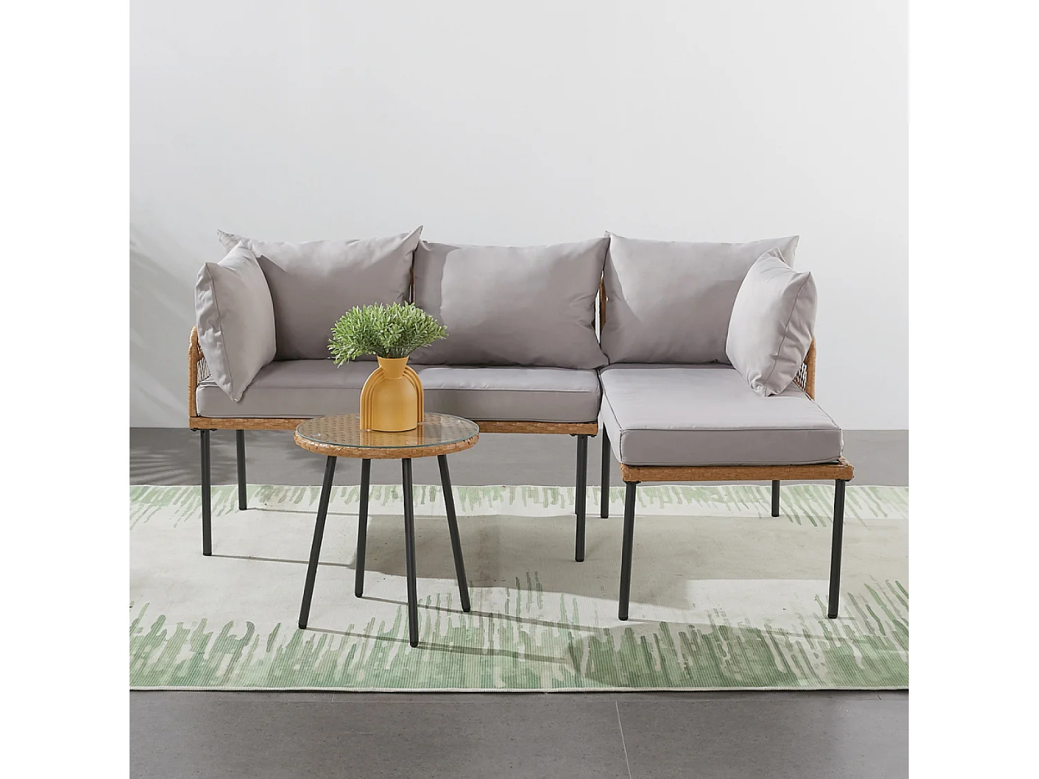 Hoek loungeset van 3 plaatsen in rotan-effect Lecce met beige kussens