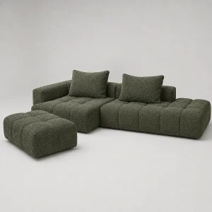 Hoekbank Links PARIS Vert Cèdre + Pouf
