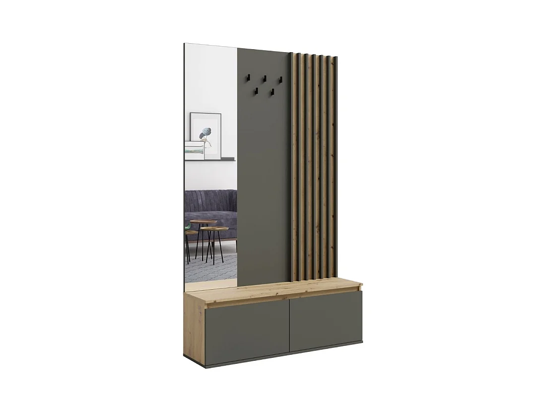 Ingangmeubel met kapstok en spiegel 120 cm - licht eiken en antracietgrijs - Collectie NEMO