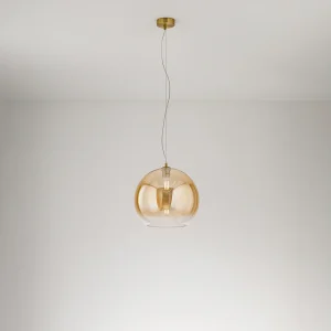 Hanglamp van gehard amberkleurig glas met een gepolijst messing frame en aluminium constructie, E27 fitting, diameter 35 cm – Perenz Hanglamp van gehard amberkleurig glas met een gepolijst messing frame en aluminium constructie, E27 fitting, diameter 35 cm – Perenz