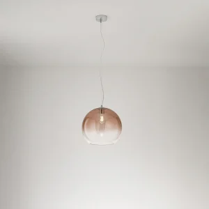 Hanglamp van getint bruin geblazen glas met gepolijst chroom en aluminium frame, E27 fitting, diameter 35 cm – Perenz