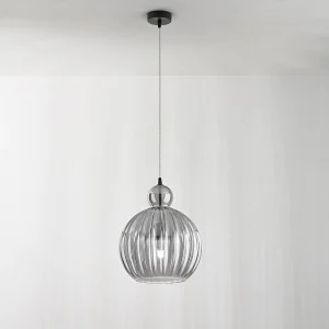 Hanglamp van rookglas, modern design met matzwart metalen frame, E27 fitting, diameter 25 cm, hoogte 182 cm – Perenz Hanglamp van rookglas, modern design met matzwart metalen frame, E27 fitting, diameter 25 cm, hoogte 182 cm – Perenz