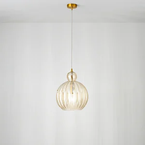 Hanglamp van cognacbruin glas, modern design met gepolijst messing frame, E27 fitting, diameter 25 cm, hoogte 182 cm – Perenz Hanglamp van cognacbruin glas, modern design met gepolijst messing frame, E27 fitting, diameter 25 cm, hoogte 182 cm – Perenz